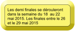 Les demi finales se drouleront dans la semaine du 18  au 22 mai 2015. Les finales entre le 26 et le 29 mai 2015