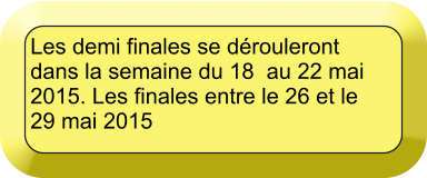 Les demi finales se drouleront dans la semaine du 18  au 22 mai 2015. Les finales entre le 26 et le 29 mai 2015