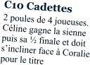 C10 Cadettes 2 poules de 4 joueuses. Céline gagne la sienne puis sa ½ finale et doit s’incliner face à Coralie pour le titre