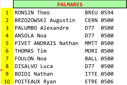 PALMARES 1 RONSIN Theo           BREU 0594 2 BRZOZOWSKI Augustin   CERN 0500 3 PALUMBO Alexandre     D77  0500 4 ANSOLA Noa            D77  0500 5 PIVET ANDRAIS Nathan  MMTT 0500 6 THOMAS Tim            MORI 0500 7 FOULON Noa            BALL 0500 8 DISALVO Luca          D77  0500 9 BOIDI Nathan          ITTE 0500 10 POITEAUX Ryan         ETRE 0506